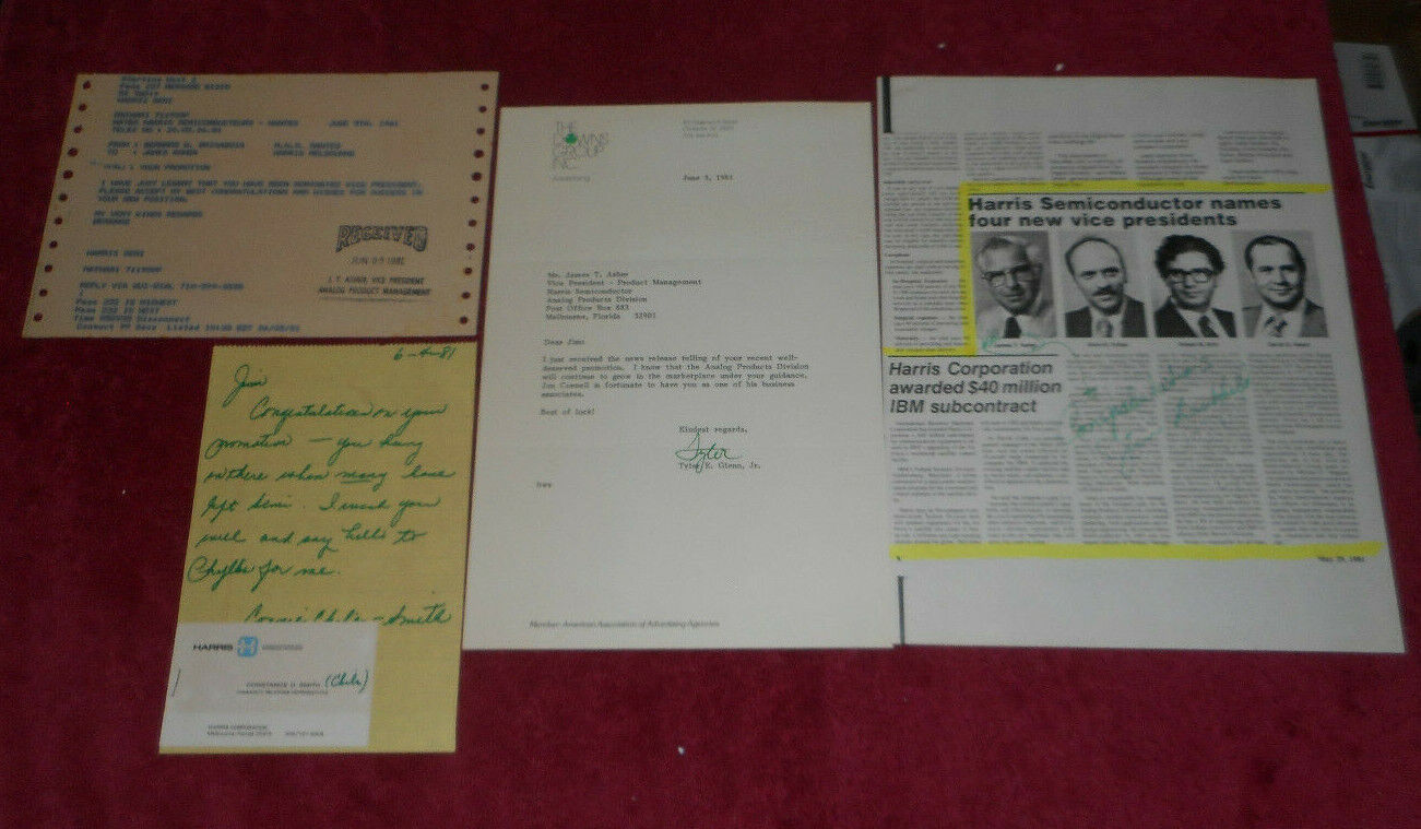 Four 1981 James T Asher VP Harris Semiconductor Promotion Congratulation Letters