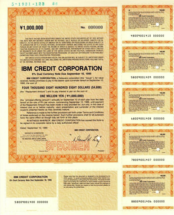 IBM Credit Corporation - Y 1 Million - Famous Computer Co. Specimen Bond - Speci