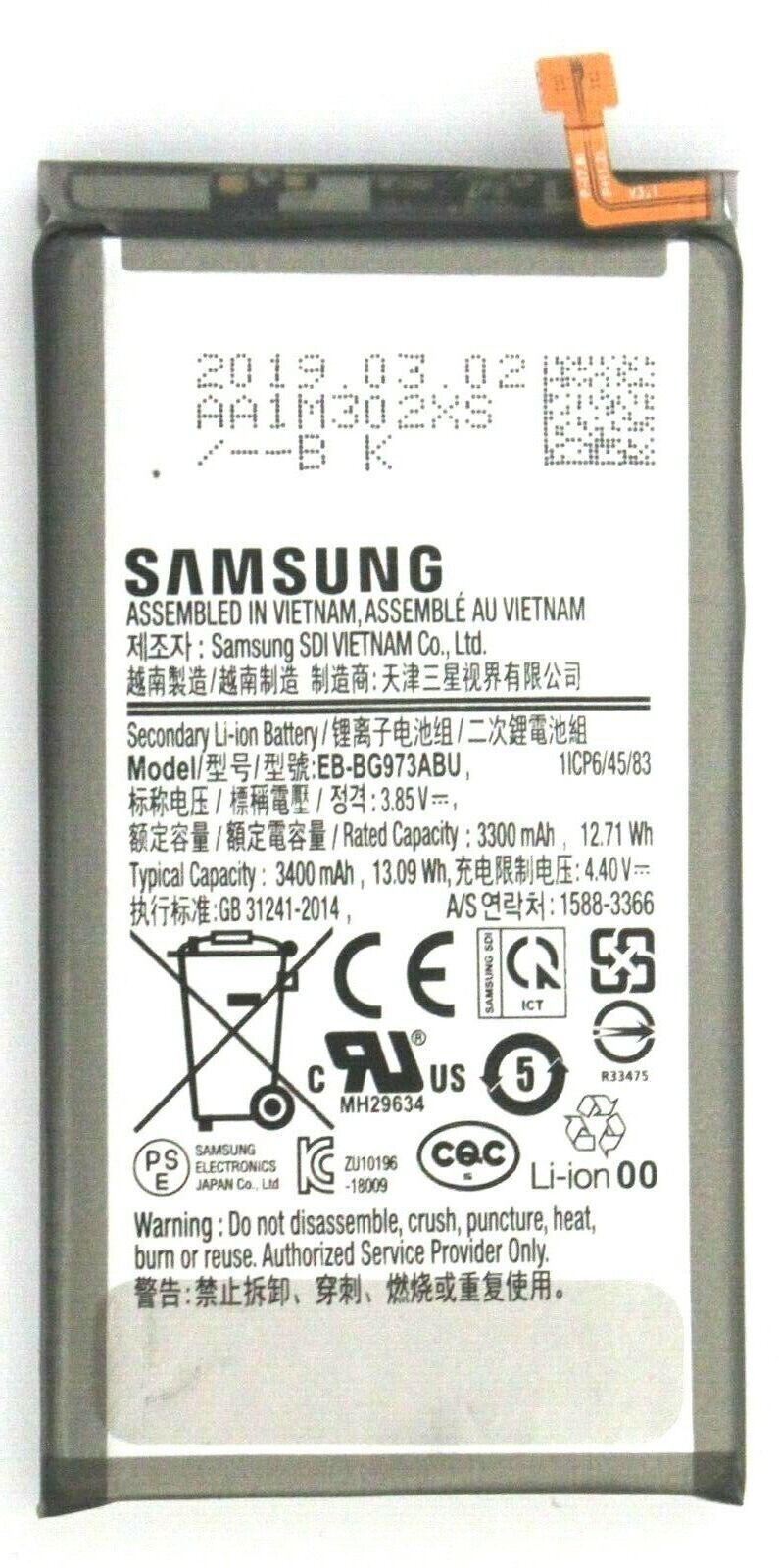 Samsung Galaxy S10 SM-G973 Li-ion Battery Replacement 3400mAh OEM EB-BG973ABU
