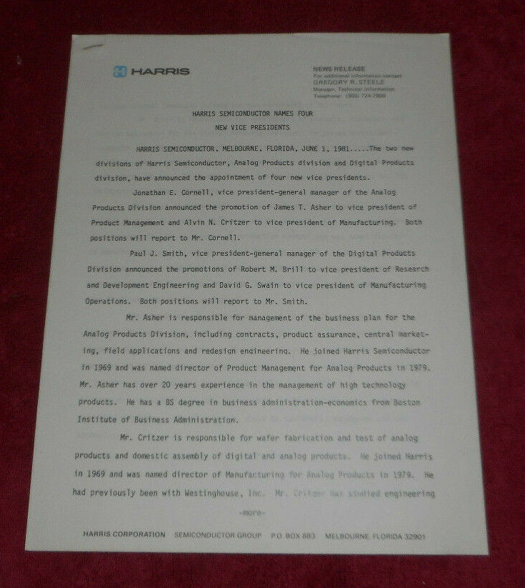 1981 Harris Semiconductor News Release 4 New Vice Presidents Named Melbourne FL