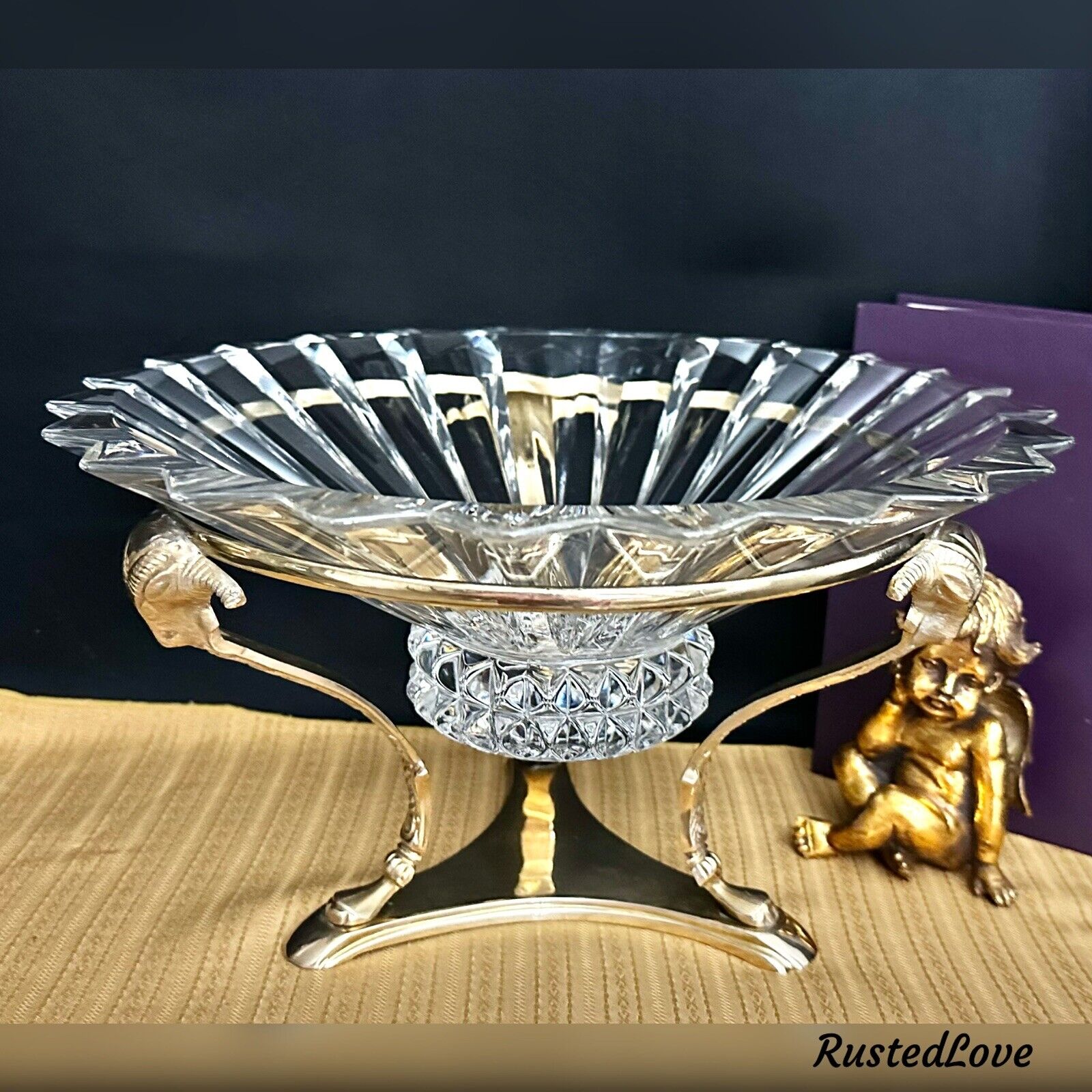Crystal Bowl On Brass Stand Rosenthal Art Deco Ram Head Centerpiece Flower Vase