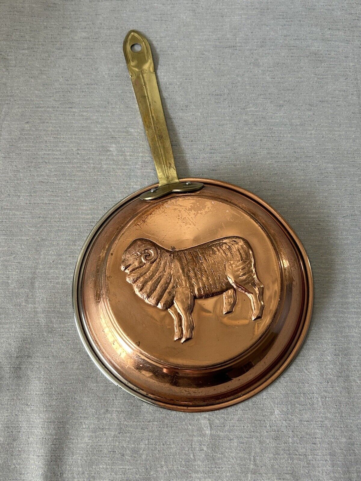 Vintage Ram Sheep Copper & Brass Hanging Pan with Handle Copper Wall Décor 10”