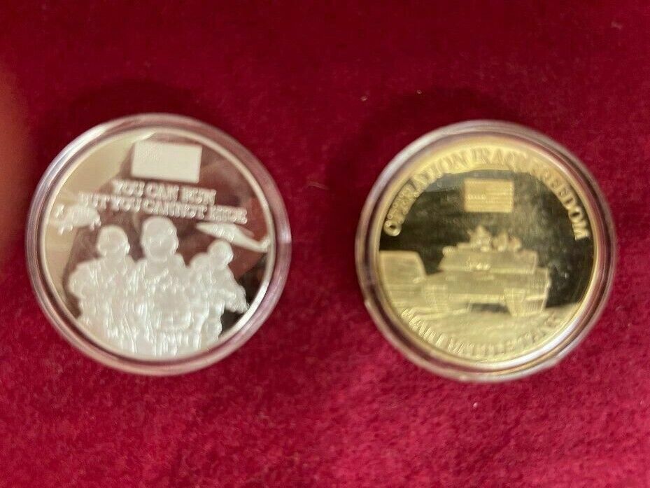 2 Vintage Challenge Coins: Operation Iraqi Freedom M1A2 Abrams & 9/11 Memorial