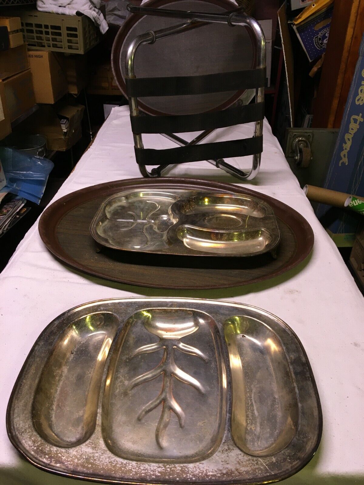 2 Waiter Waitress Trays Metal Stand 2 large Well & Tree Platters Ceramic Carafe