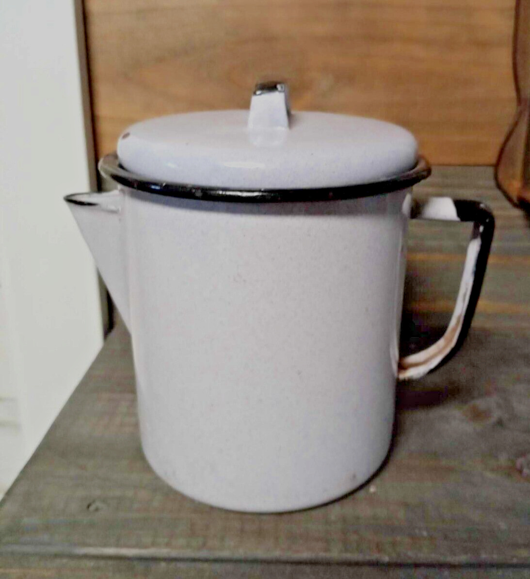 Vintage Cesco Enamelware Grey Large Cowboy Coffee Pot Black Trim