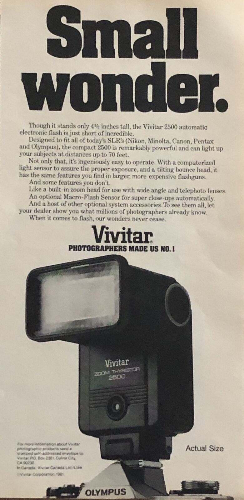 1981 Vivitar Zoom Thyristor 2500 Automatic Flash VTG 1980s PRINT AD Small Wonder