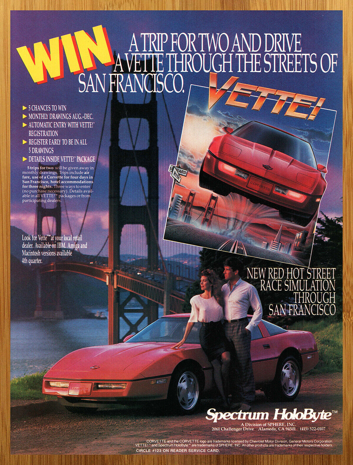 1989 Vette Video Game Vintage Print Ad/Poster IBM Amiga Mac Corvette Man Cave