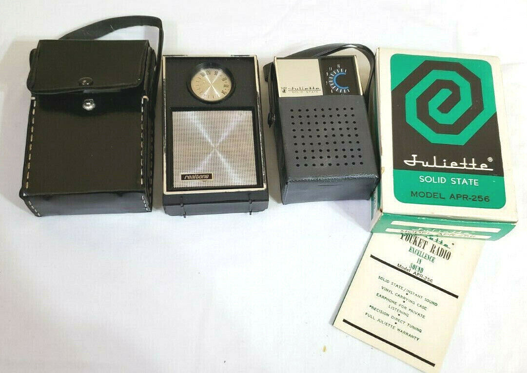 2 Vintage Transistor Radios Juliette APR-256 Realtone 1248 Works w/ Box Case