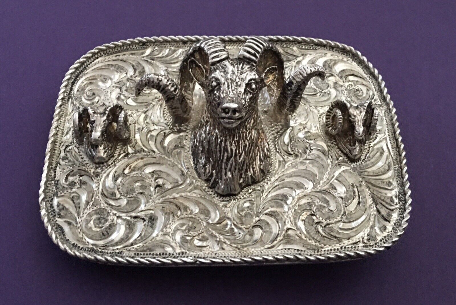 Magnificent Custom Sterling Silver Front Triple Raised 3D Ram Heads Belt Buckle