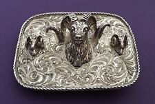 Magnificent Custom Sterling Silver Front Triple Raised 3D Ram Heads Belt Buckle picture
