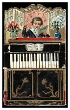 CUTE BOY CONDUCTOR PIANO 1900'S FOLDING TRADE CARD BOUCICCAUT RUE DU BAC PARIS picture