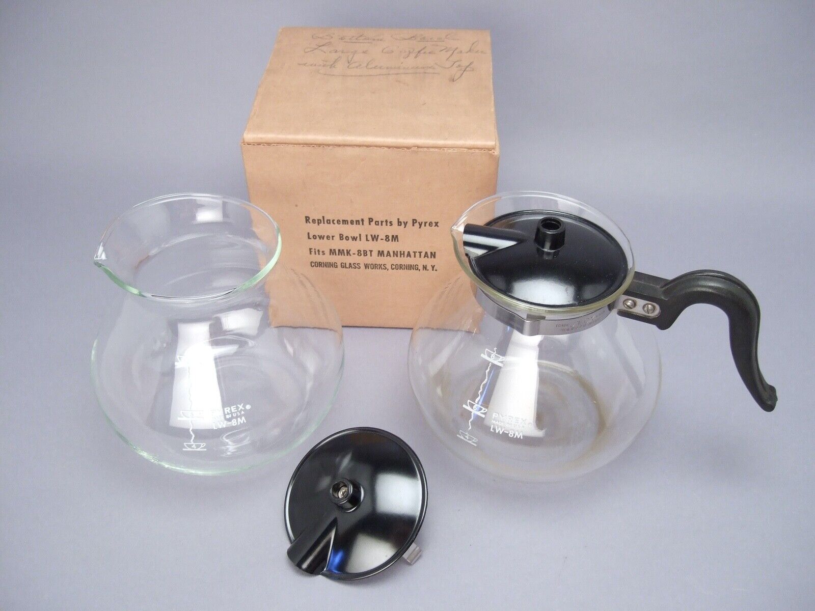 Vintage Pyrex Silex 8 Cup Coffee Vacuum LW-8M w/ replacement pot + 2 lids LOT