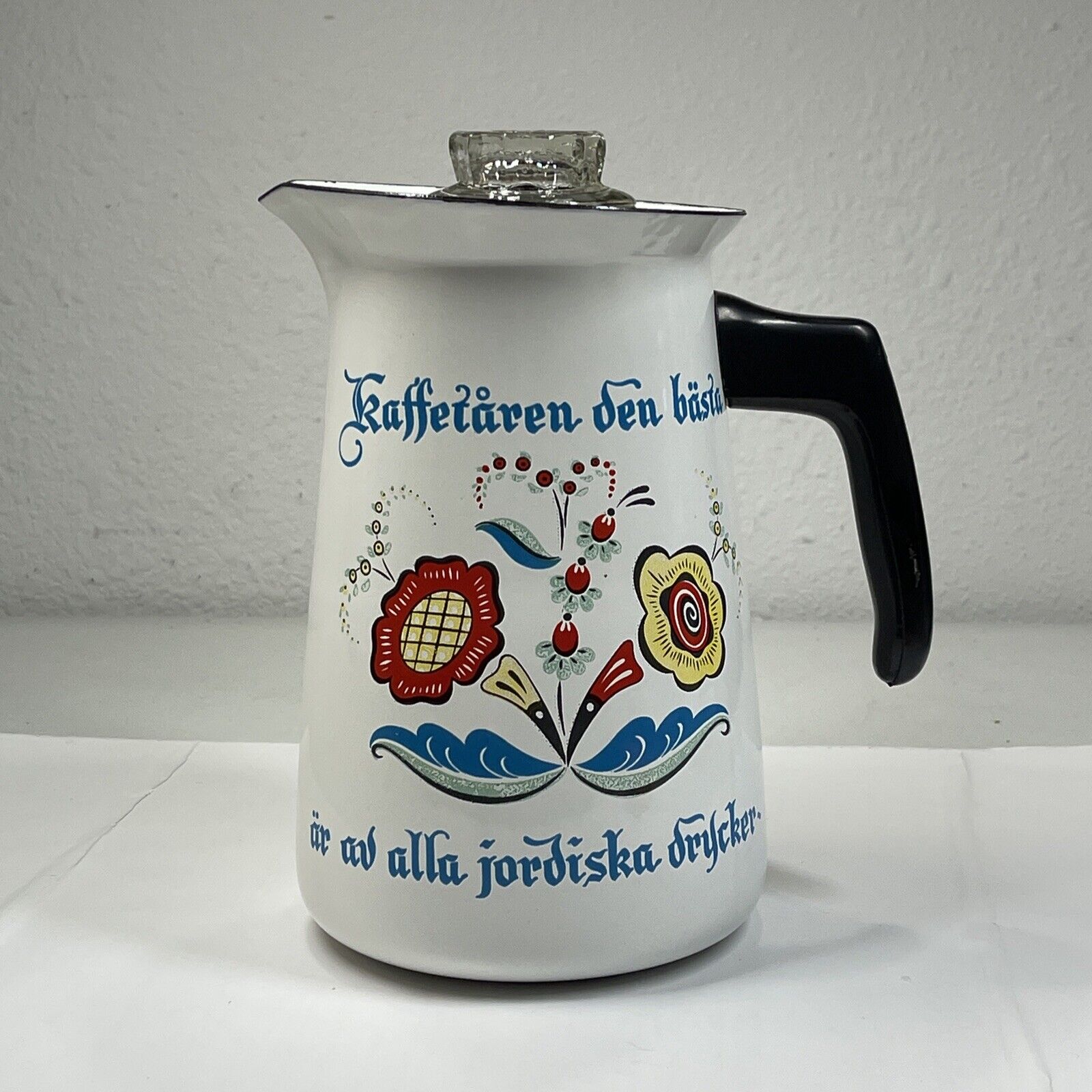 Vintage Swedish Berggren Coffee Pot 8” Flowers enamel Kaffetaren