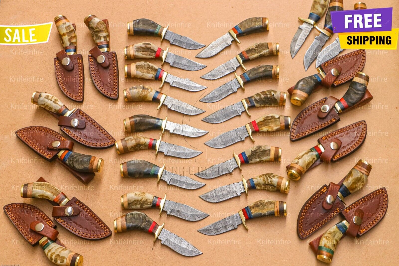 Lot of 20 6 Inch Handmade Damascus Steel Skinner Knives Ram Horn(Free - Sheaths)