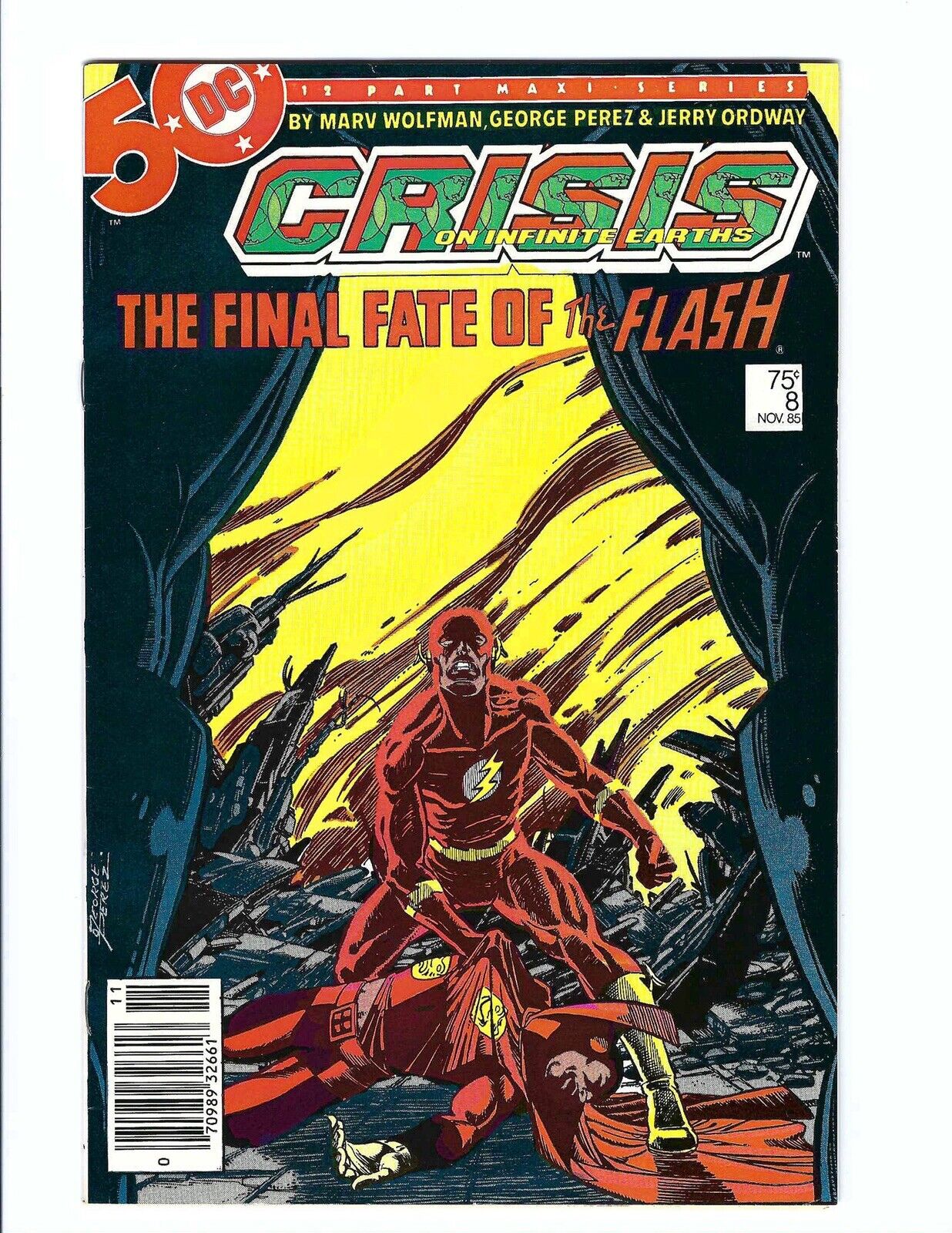 Crisis on Infinite Earths 8, VF/NM 9.0, George Perez, Death of Flash, Newsstand