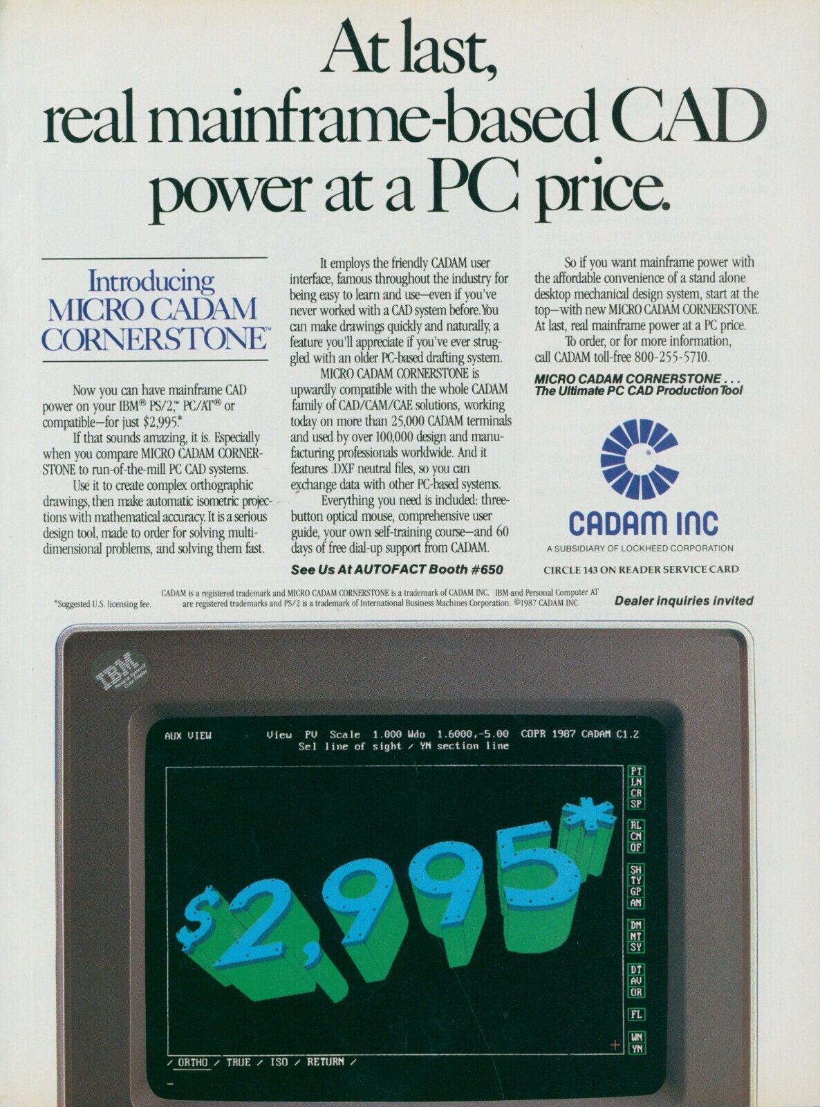 1987 Micro Cadam Cornerstone Mainframe Power PC Price Computer Monitor Ad PC2