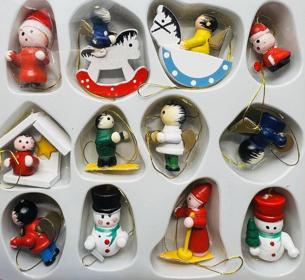 Vintage Lot of 12 Classic Mini Wooden Xmas Tree Ornaments Hand Painted Holiday