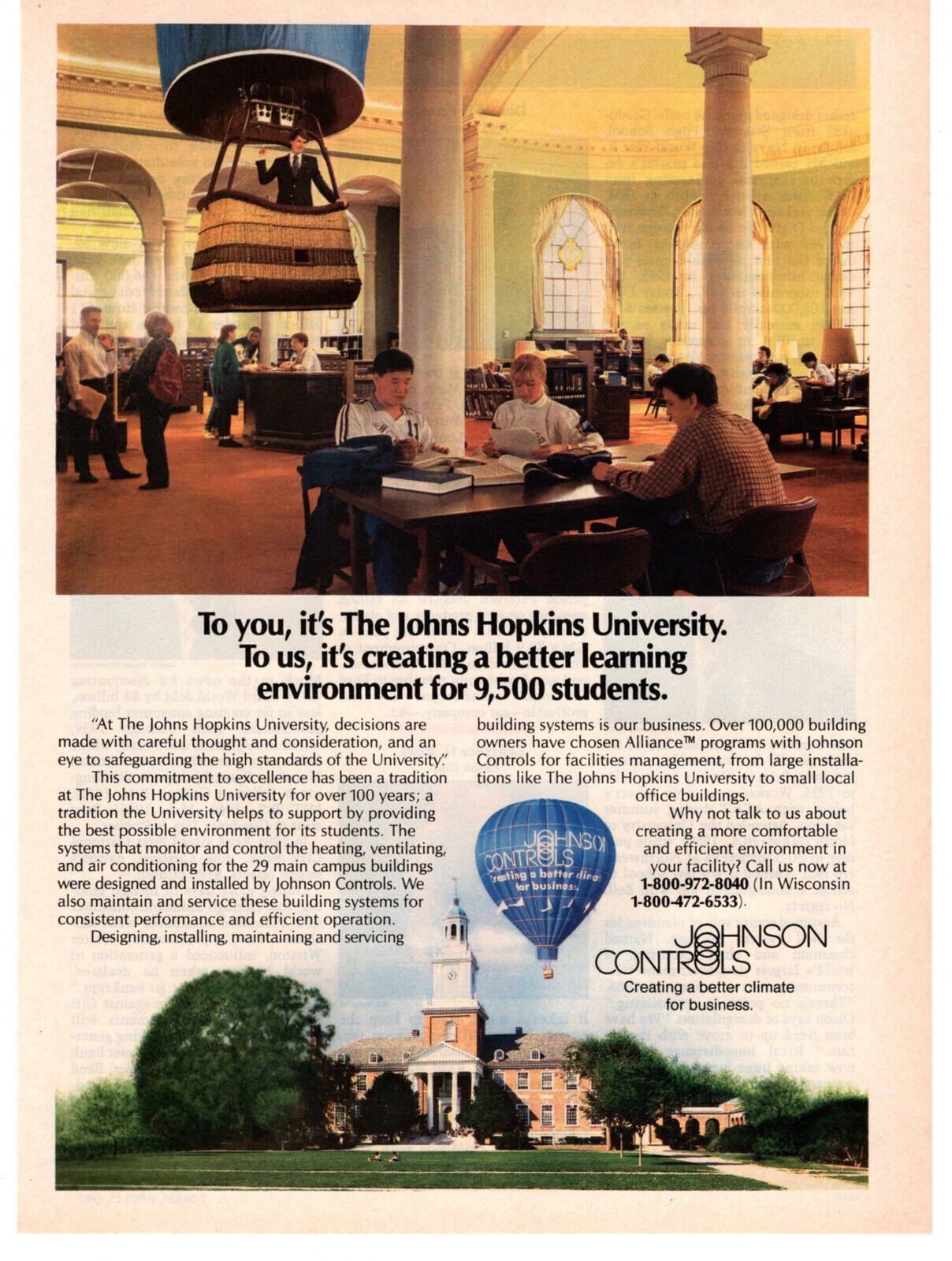 JOHNSON CONTROLS John Hopkins University 1987 Vintage Print Ad Original Man Cave
