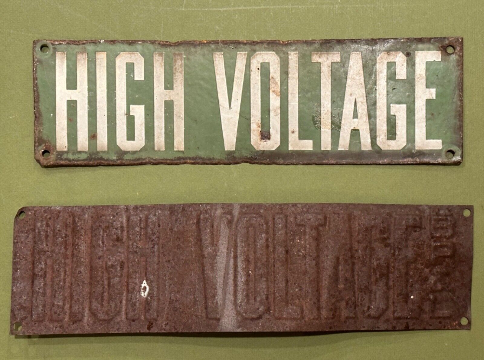 High Voltage Signs Lot of Two Metal Vintage