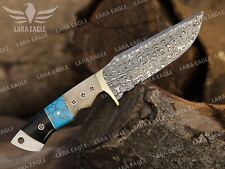 Damascus Steel Hunting Knife, Ram Horn and Turquoise Handle + Leather Sheath   picture