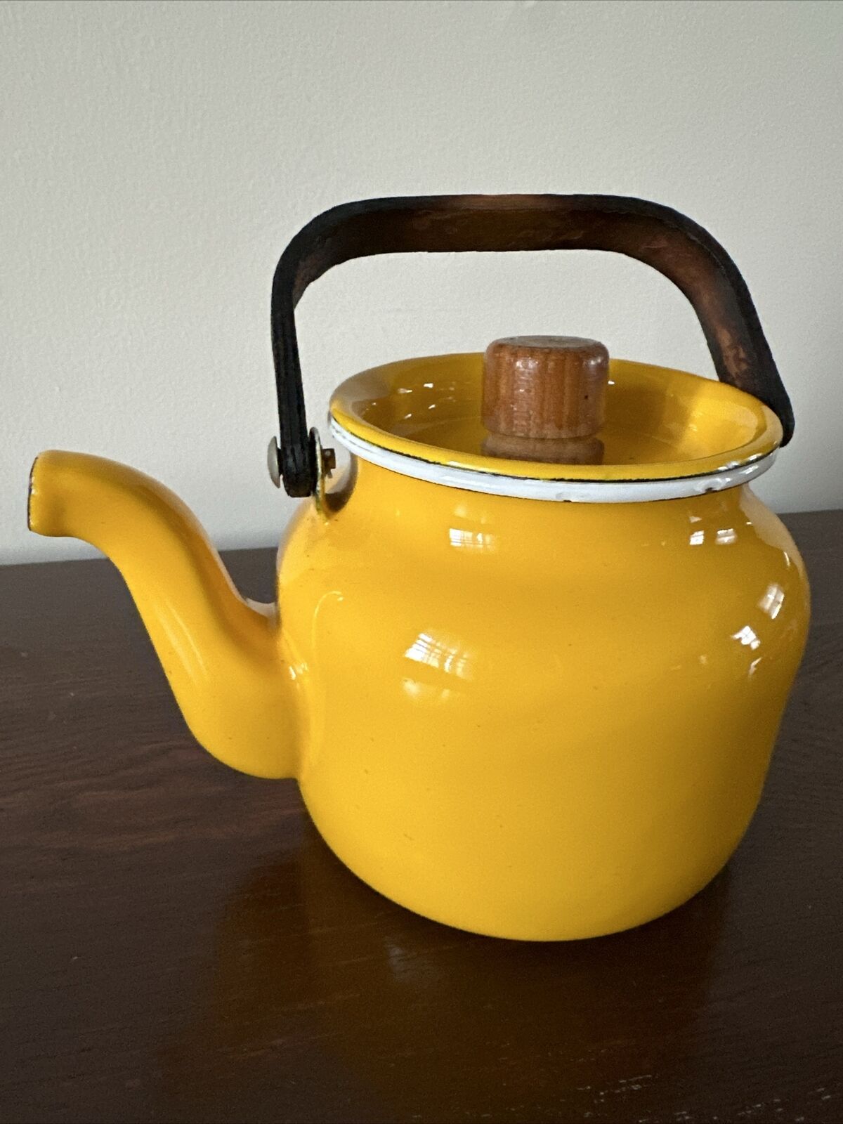 Vintage Yellow Enamel Kettle Tea Pot