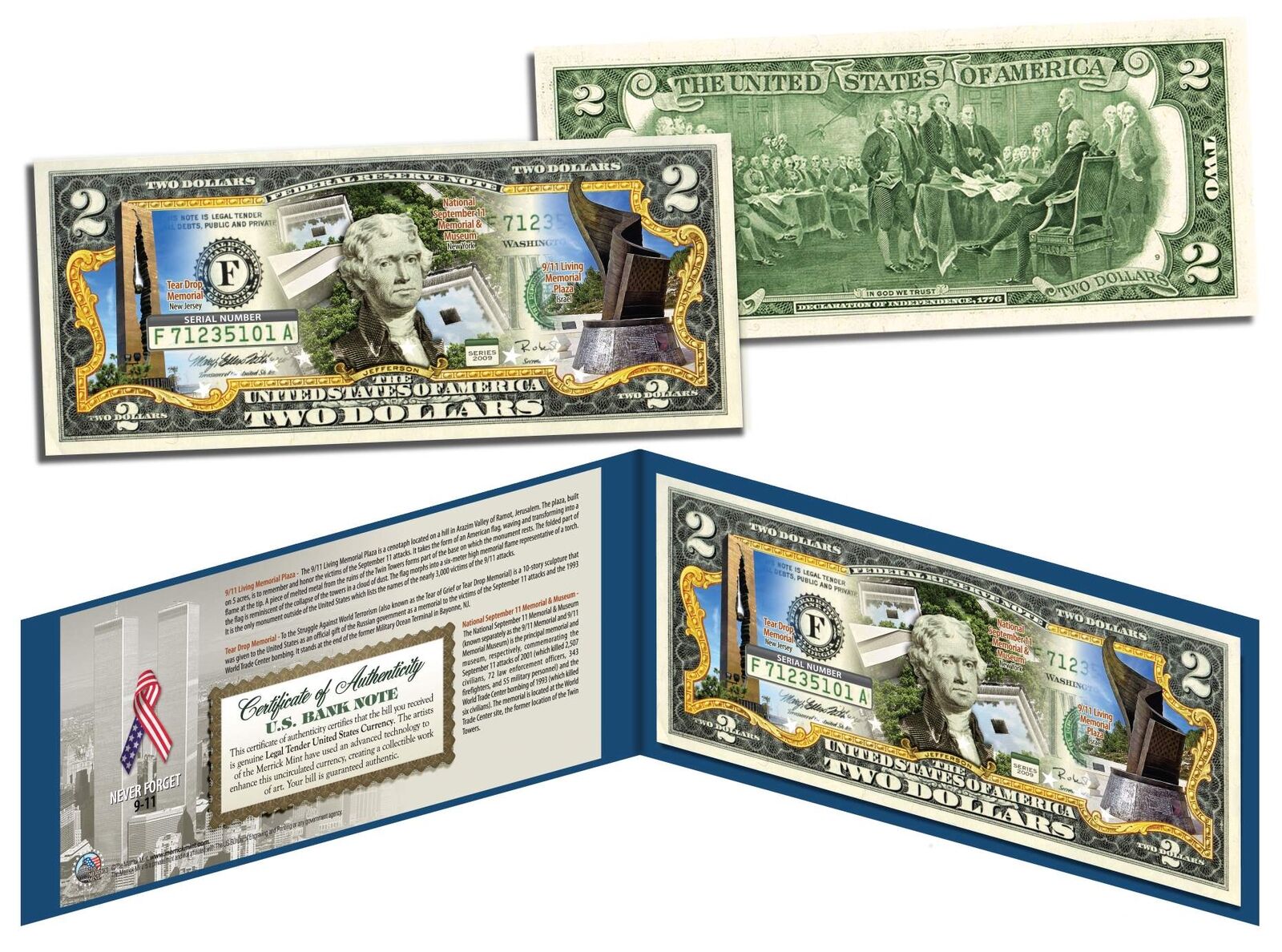 OFFICIAL 9/11 World Trade Center NATIONAL MUSEUM MEMORIALS Colorized US $2 Bill