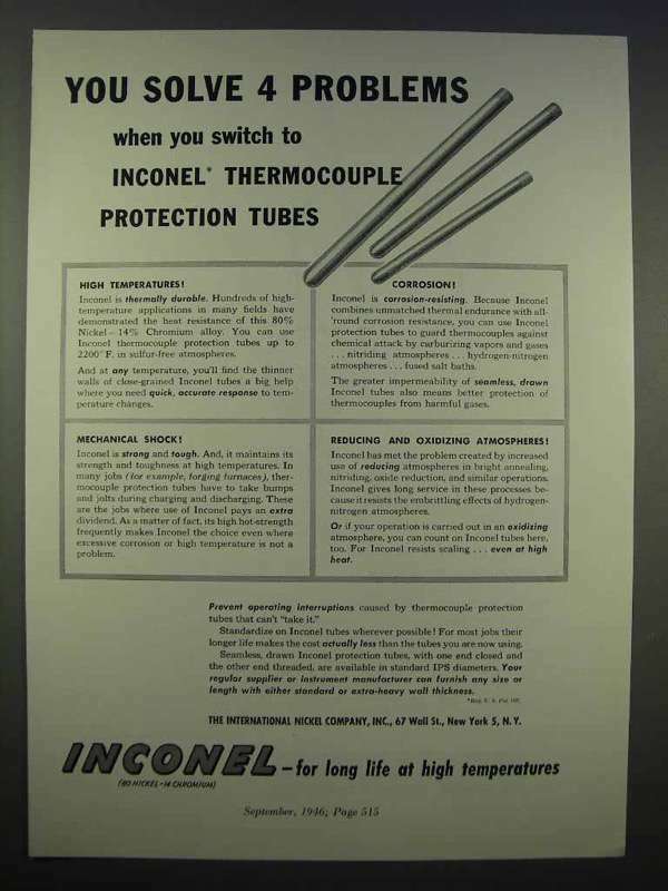 1946 Inconel Thermocouple Protection Tubes Ad - Solve 4 Problems