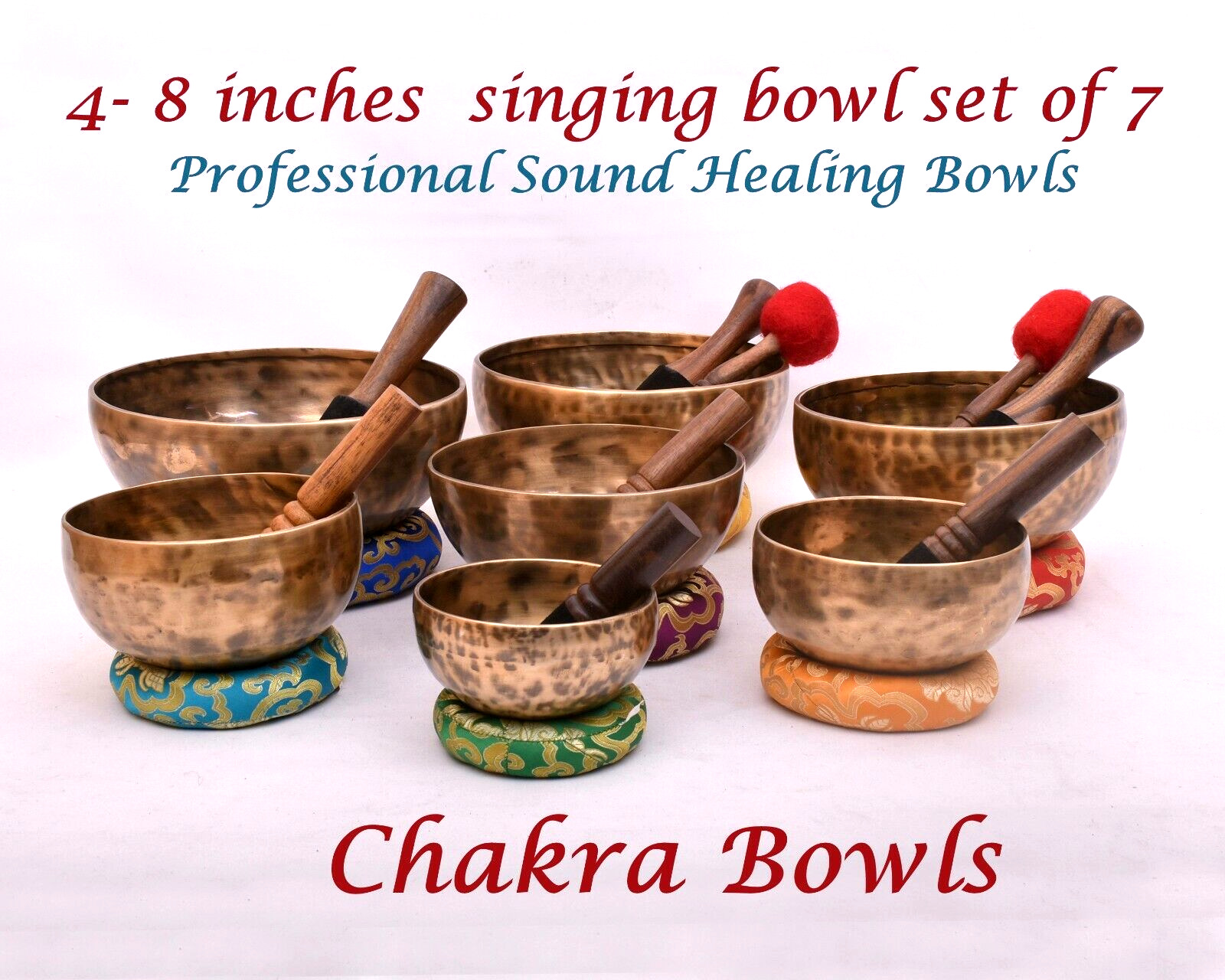 4-8 inches Chakra frequency tuned singing bowl set of 7 - Tibetan Singing bowls