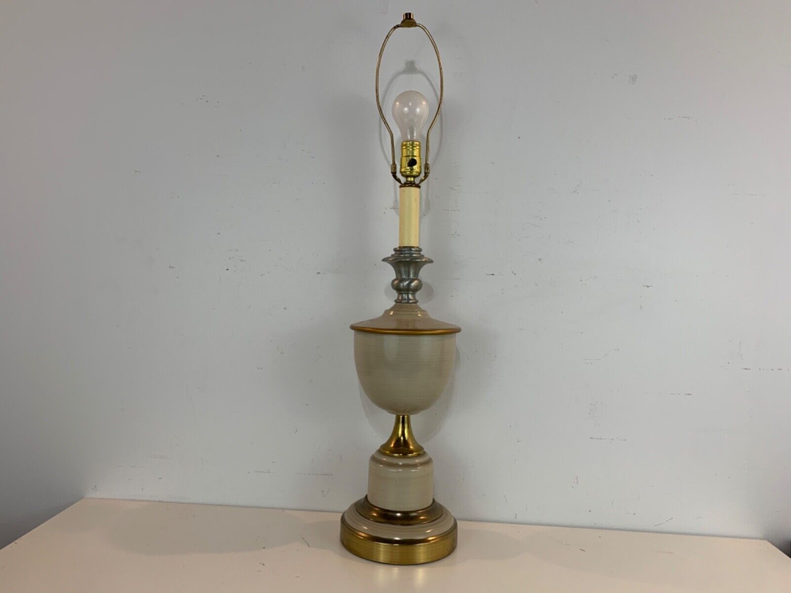 Vintage Cream Painted Metal and Brass Decorative Lamp