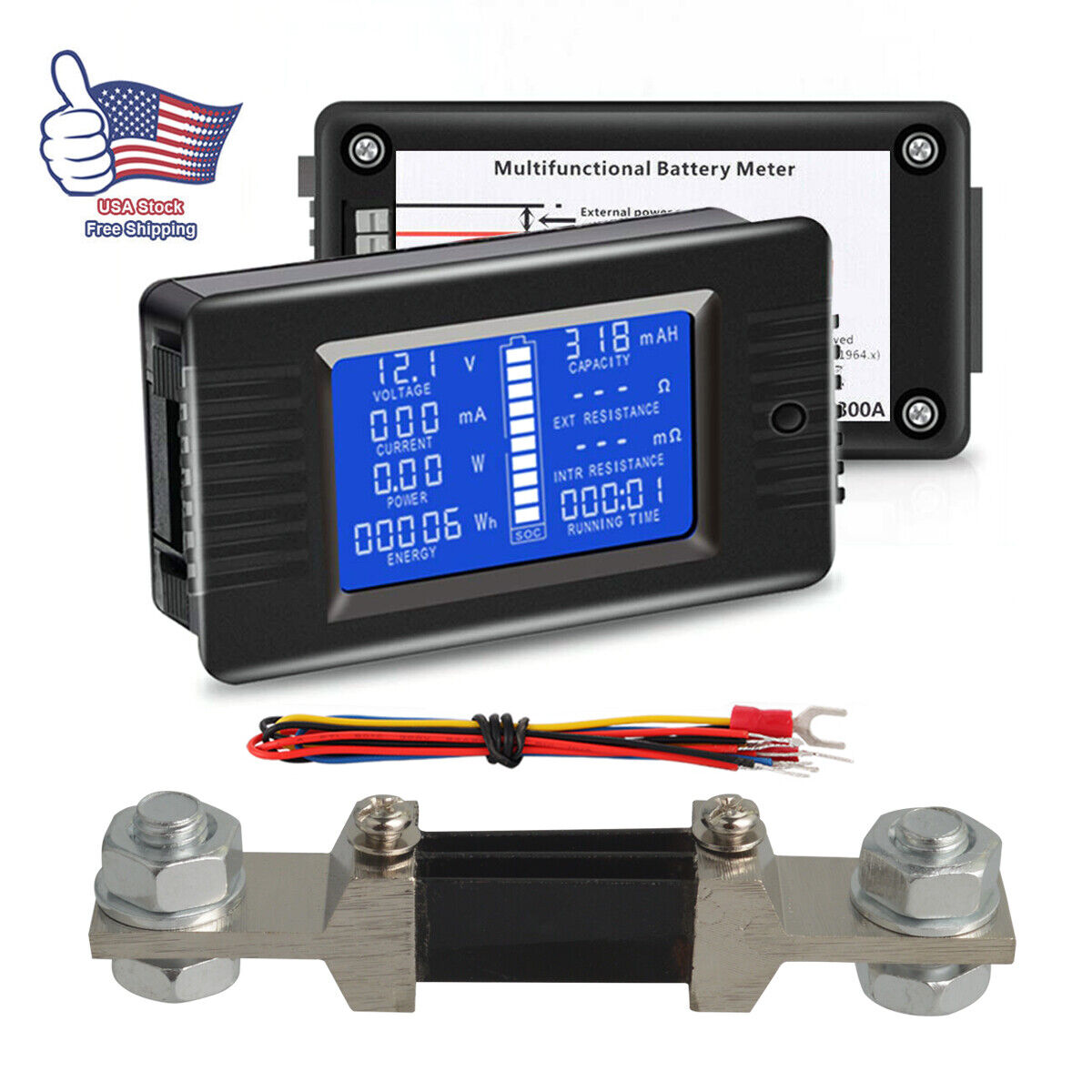 LCD Display DC Battery Monitor Meter 0-200V Volt Amp for Cars RV Solar System