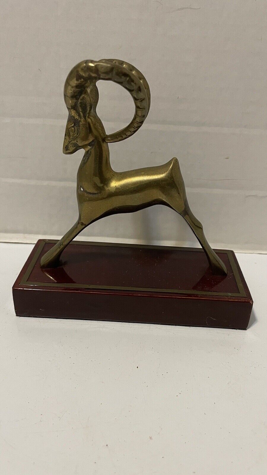 Vintage Brass Figurine Gazelle Antelope Ram on Wood Base Mid Century Modern 