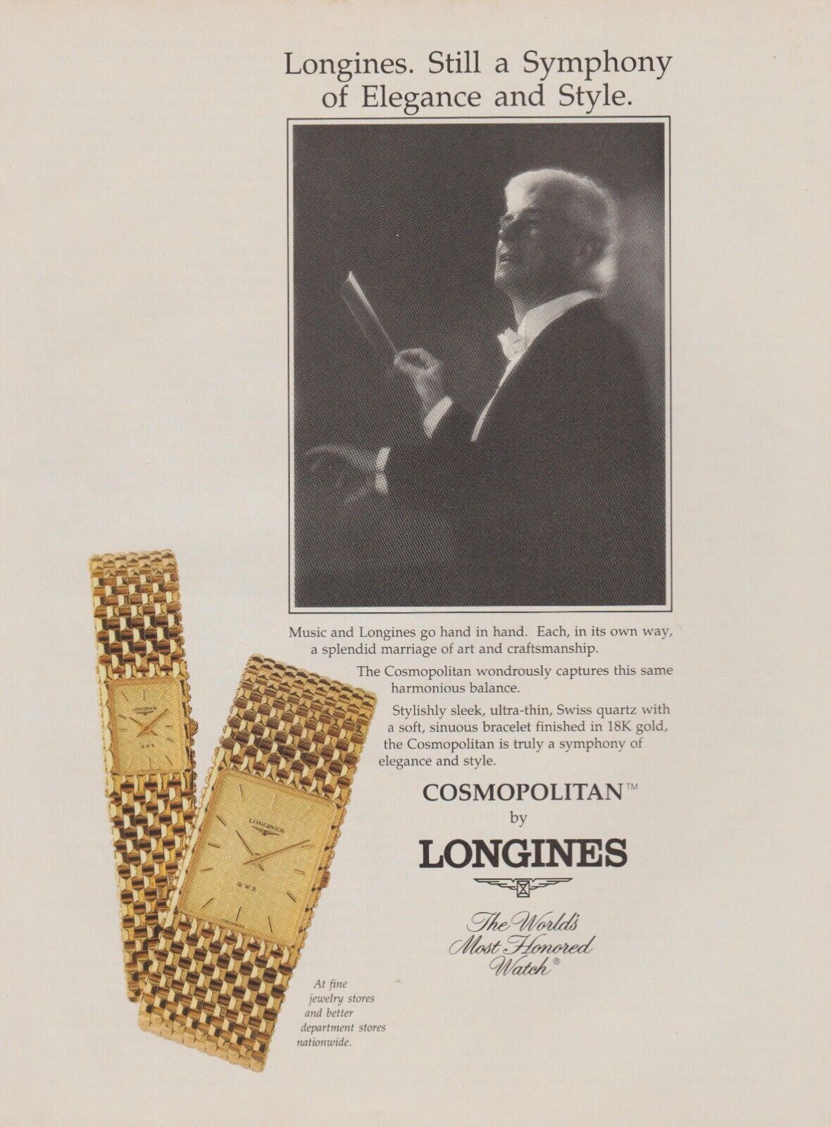 1991 Longines Cosmopolitan Watches - Symphony Music Conductor - Print Ad Photo