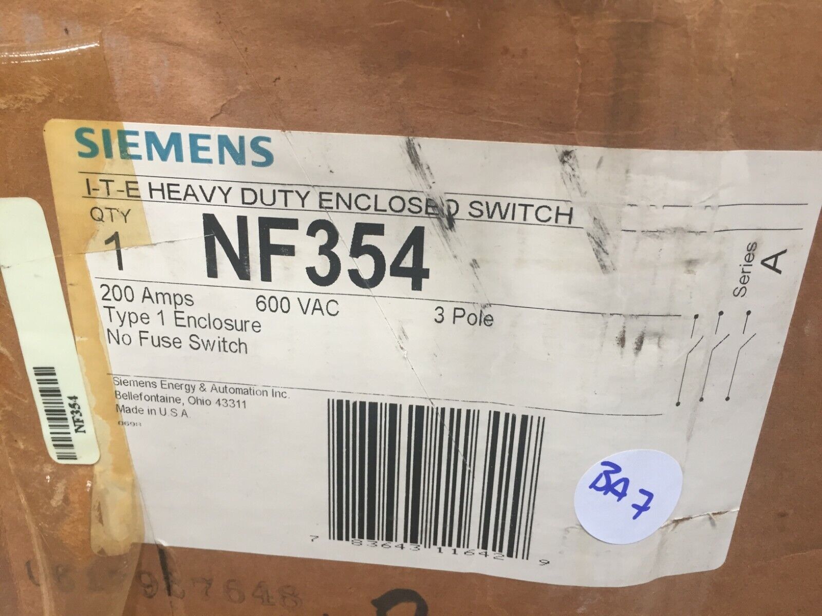 Siemens I-T-E Heavy Duty Enclosed Switch NF354 200 Amps 600 VAC 3 Pole 