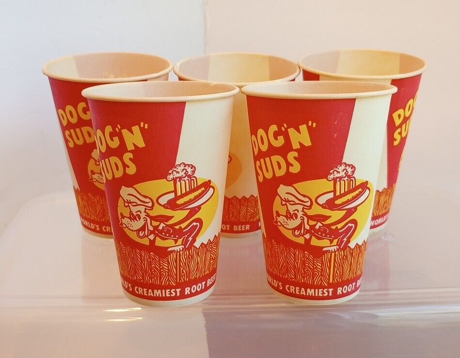 Vintage Dog 'N' Suds 8 Ounce Paper Wax Cups Sweetheart Lot Of 5 Cups 1960's