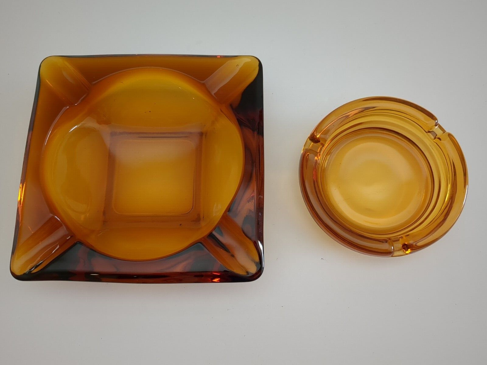 2 Vintage Amber Glass Square and Round Cigarette Ashtray - Mid-Century Modern