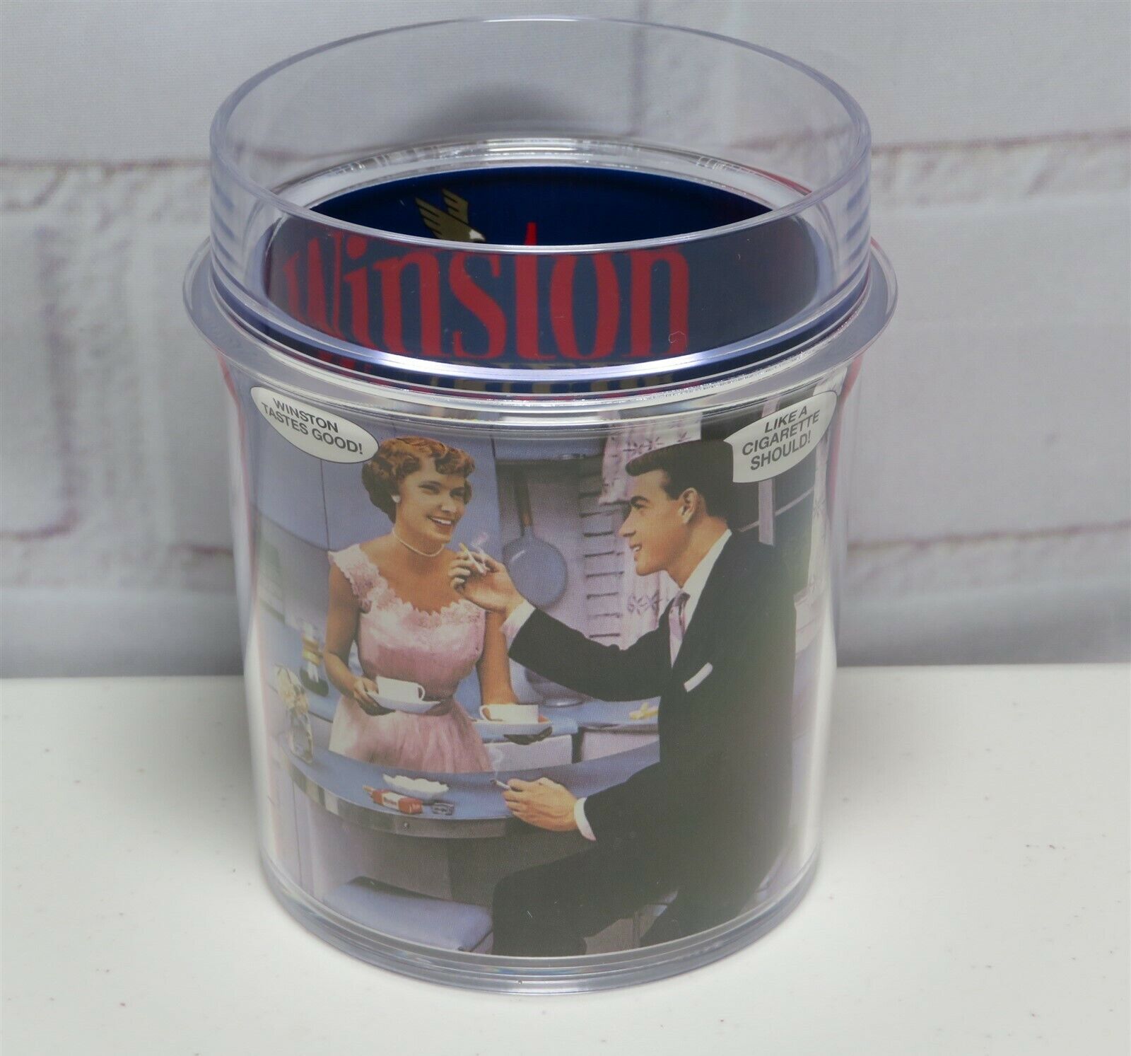 Thermo-Serv Winston Winners Club Cigarette Ad Theme Tumbler Couple In Kitchen