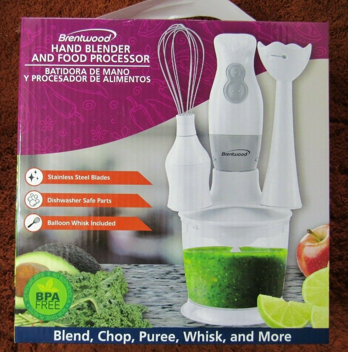 Brentwood 2 Speed Hand Blende  & Food Processor w Balloon Whisk  BPA Free  HB-38