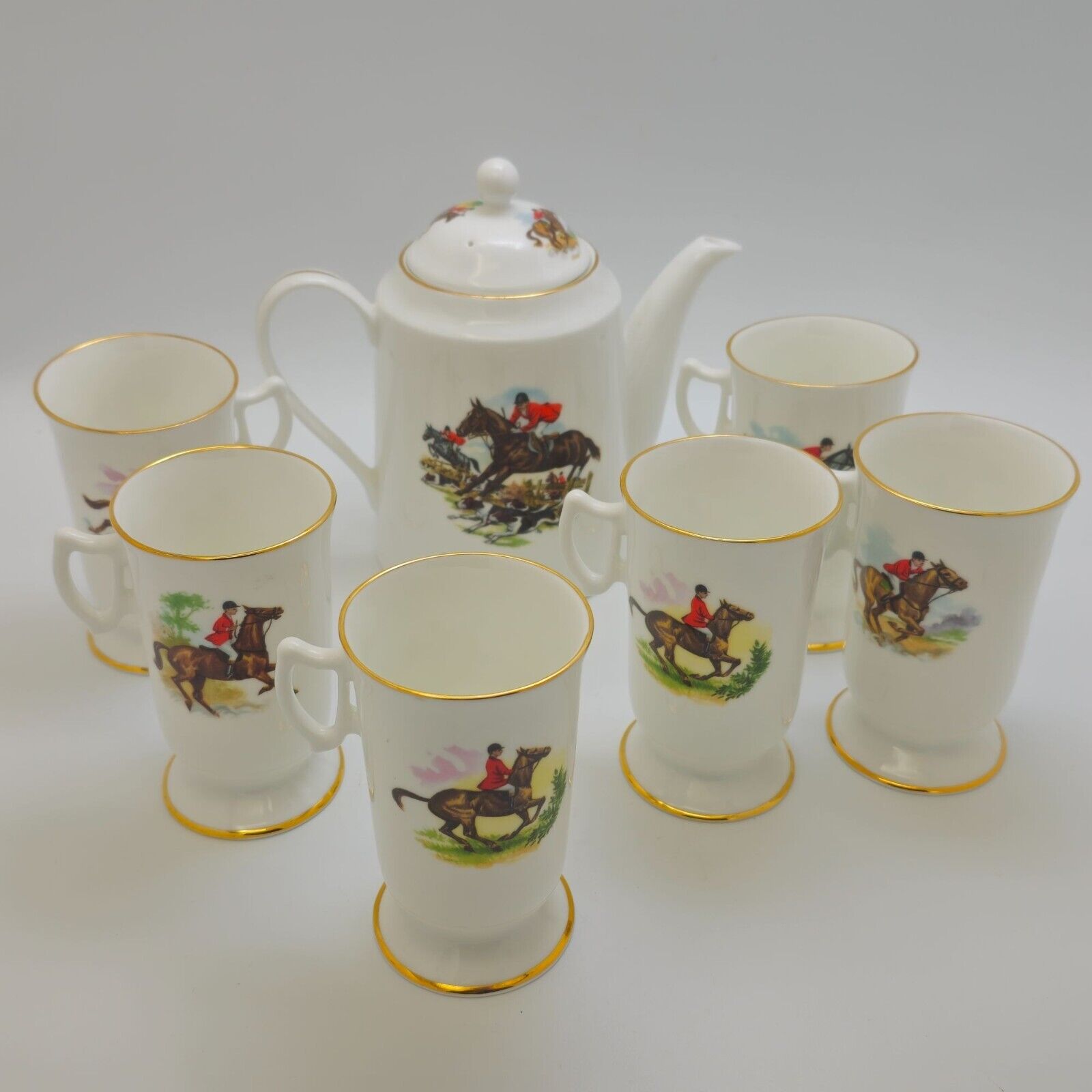 Equestrian Teapot Coffee Server and 6 Mugs, Foxhunting, Gold Rimmed Fine Bone Ch
