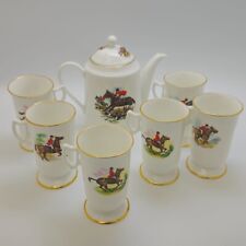 Equestrian Teapot Coffee Server and 6 Mugs, Foxhunting, Gold Rimmed Fine Bone Ch picture