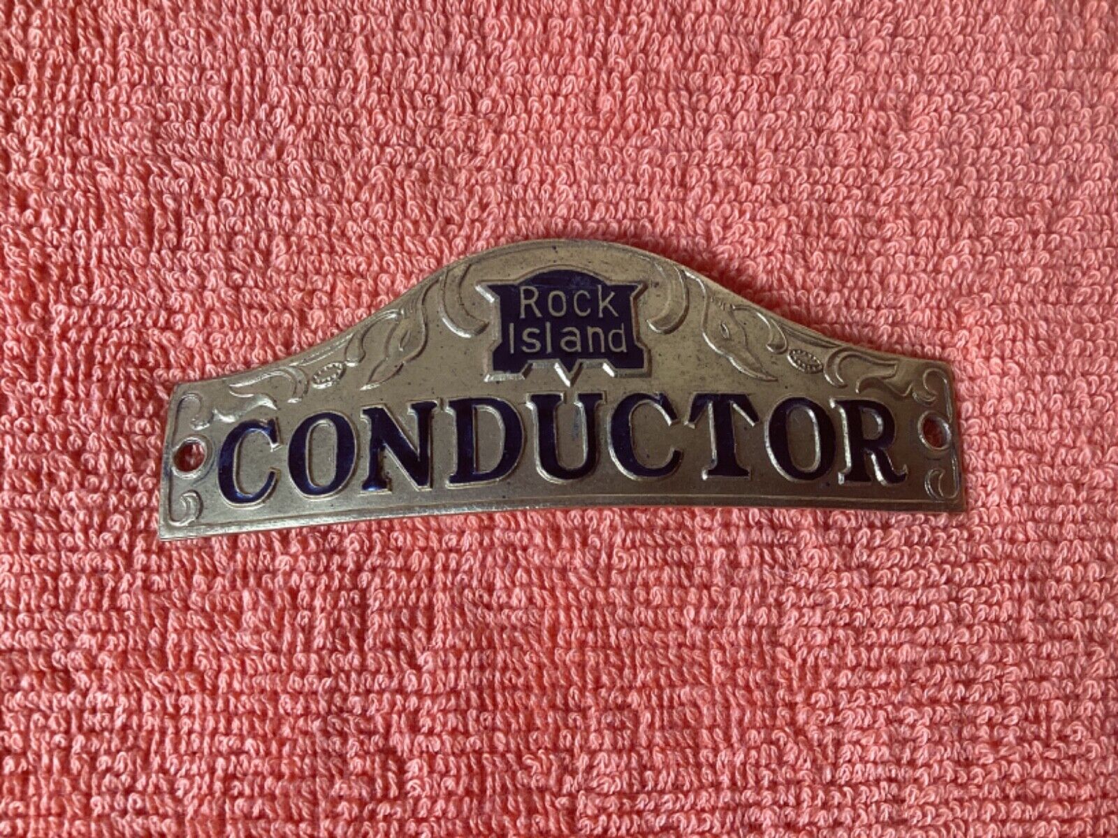 Vintage ROCK ISLAND CONDUCTOR Railroad Hat Badge Railway Uniform Tag Train Old