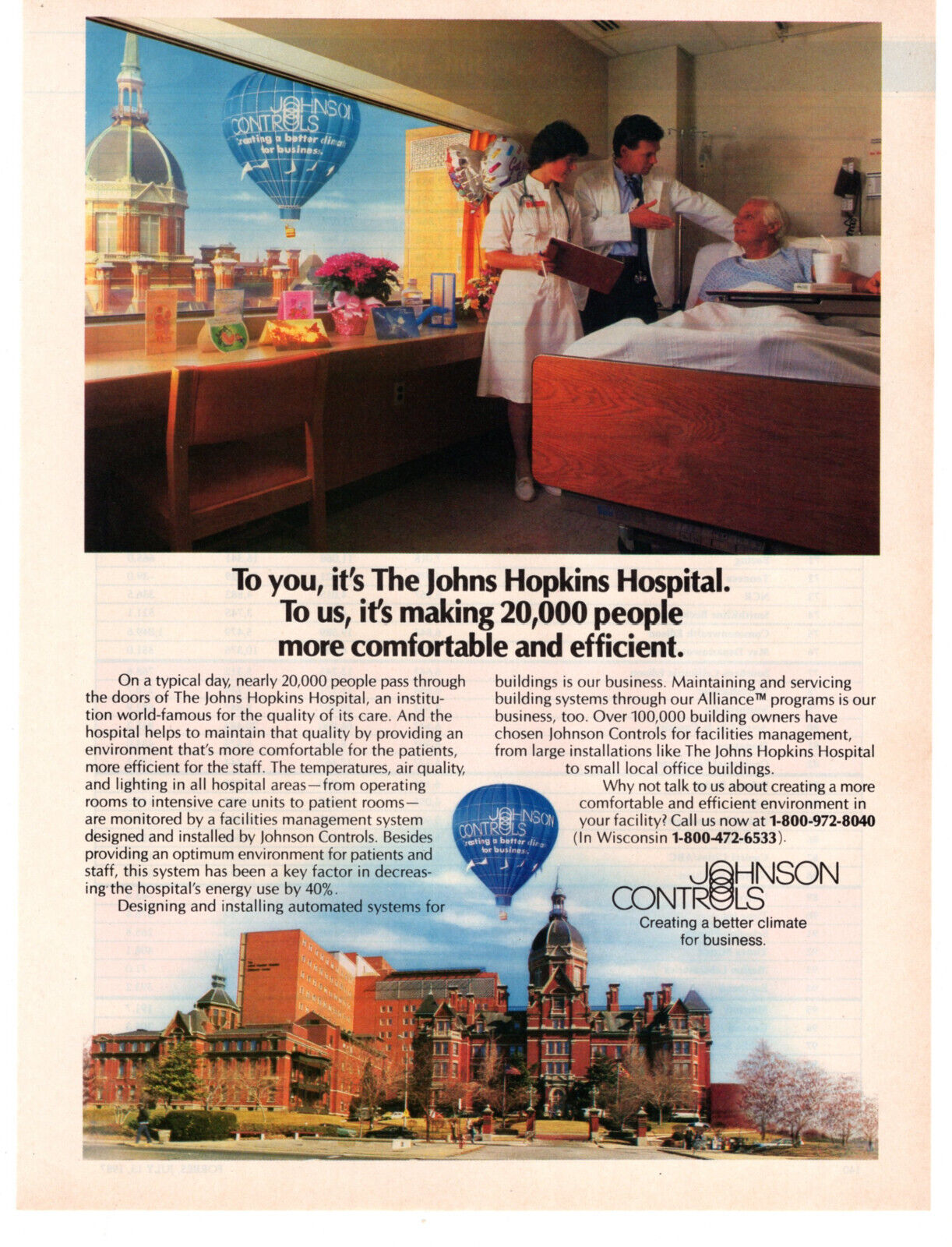 JOHNSON CONTROLS John Hopkins Hospital 1987 Vintage Print Ad Original