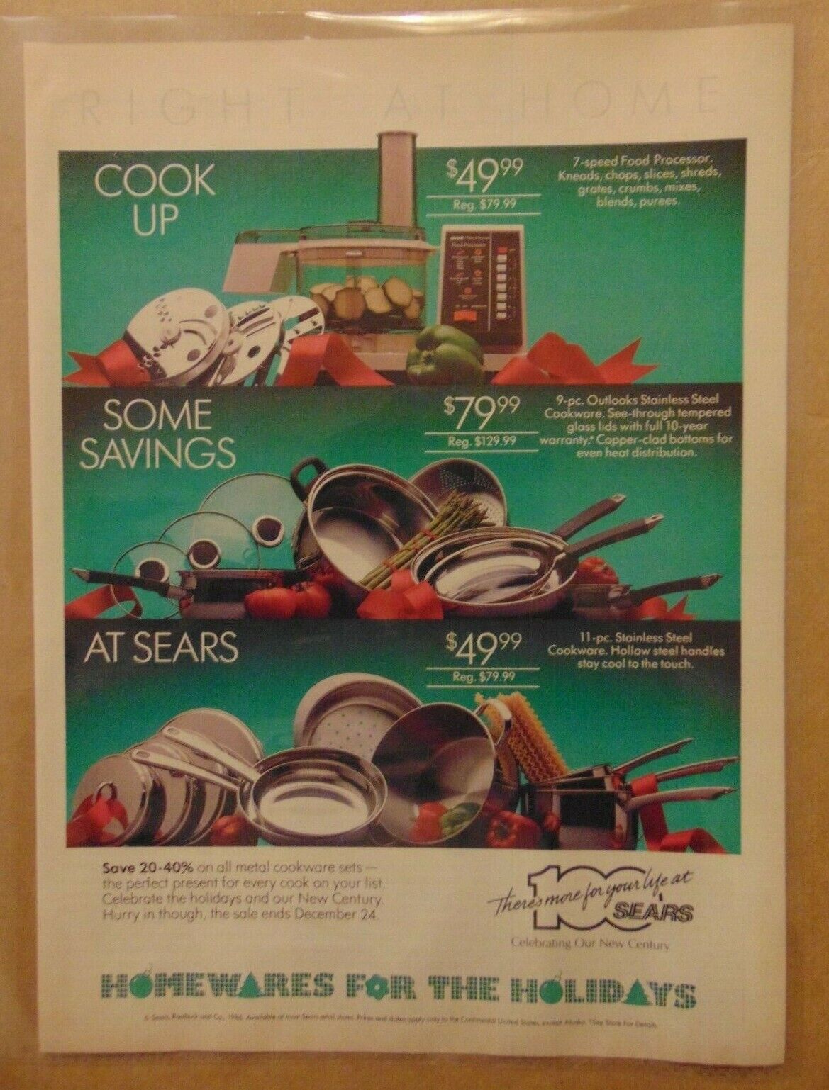 Vintage 80's SEARS FOOD PROCESSOR Housewares Pots Pans Holiday Print Advertising