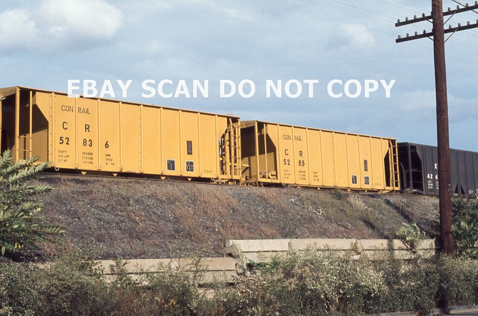 L: Original Slide CR Conrail 35 2-Bay Ballast Hoppers #52836/52853 in 1976