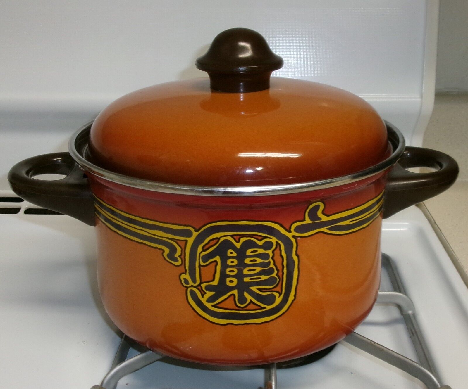 Vintage Large ASTA Orange Enamelware Pot & Lid Insulated Handles Germany
