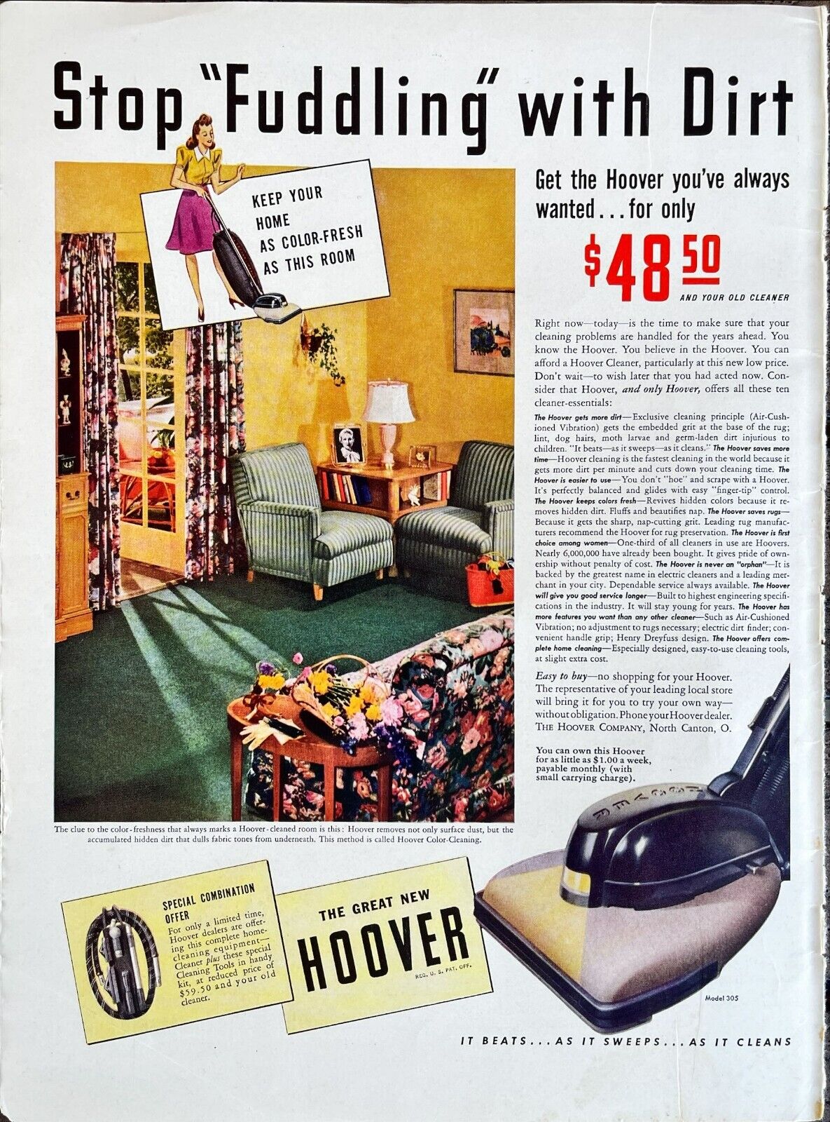 Hoover Vacuum Model 305 MCM Living Room Decor Lamp Vtg Magazine Article Ad 1941