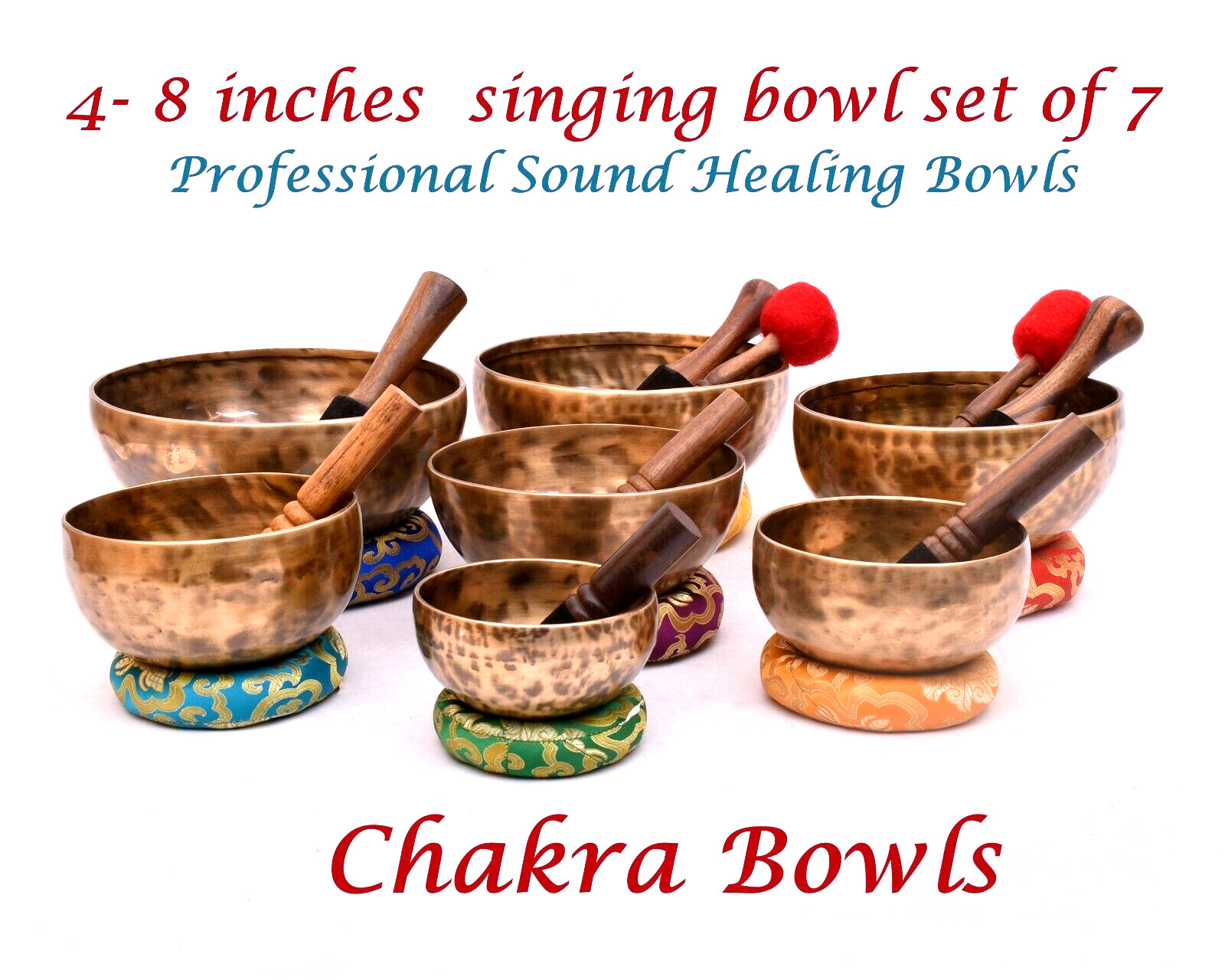 4-8 inches Chakra frequency tuned singing bowl set of 7 - Tibetan Singing bowls