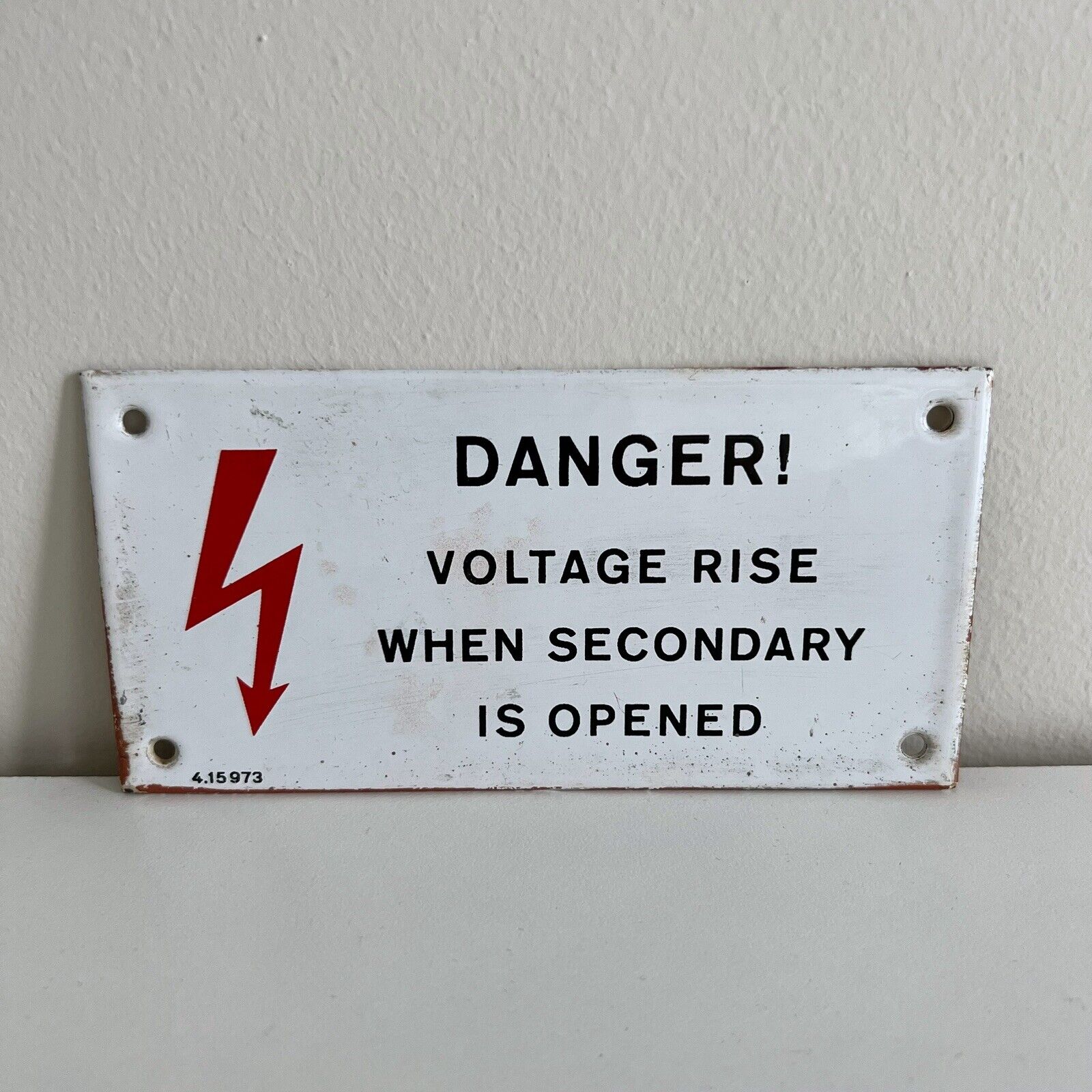 Vintage Small Subway Danger Voltage Sign Porcelain Metal White Secondary is Open