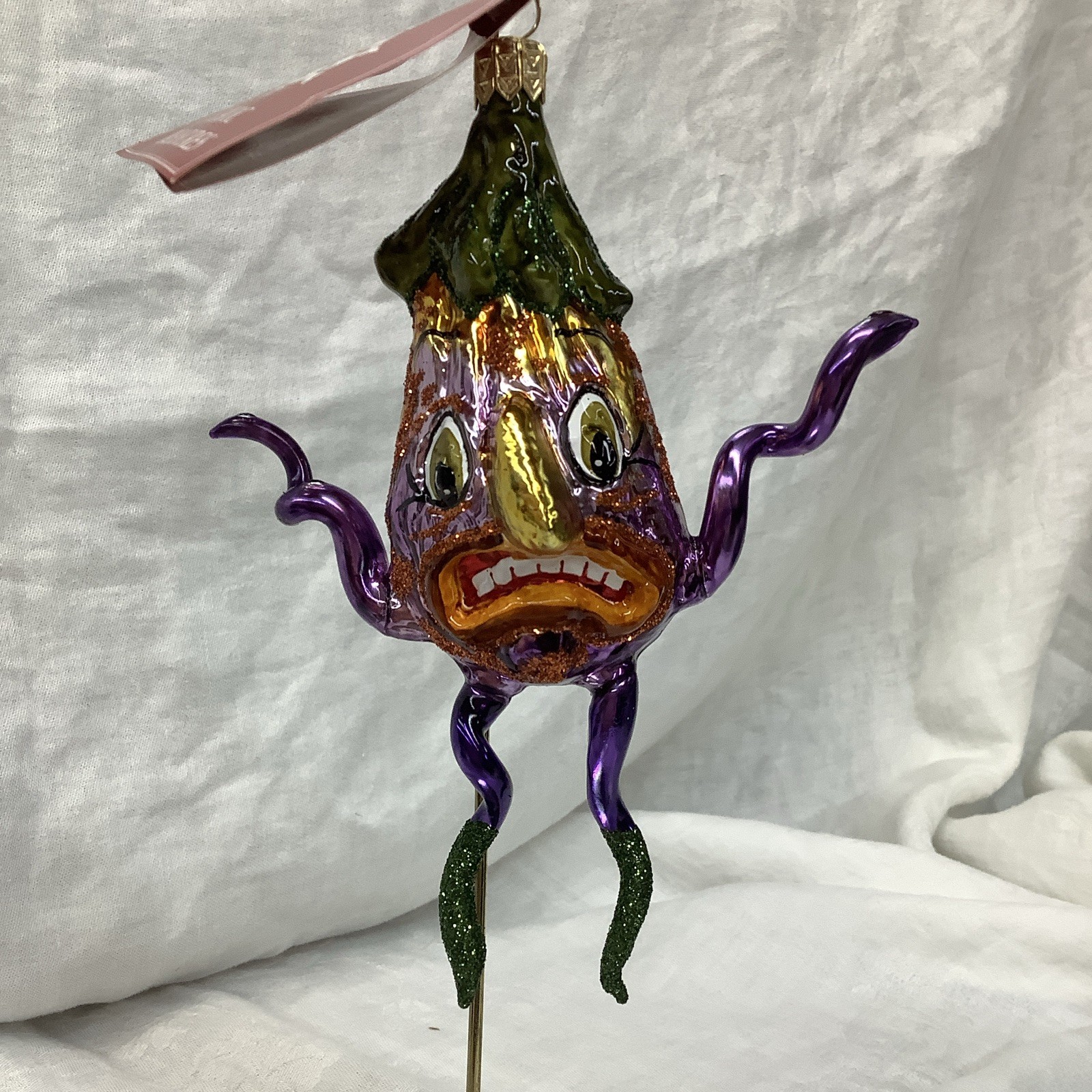 Vintage Slavic Treasures “Curly Pumpkin” Glass Halloween Ornament 02-552.  5.5”T