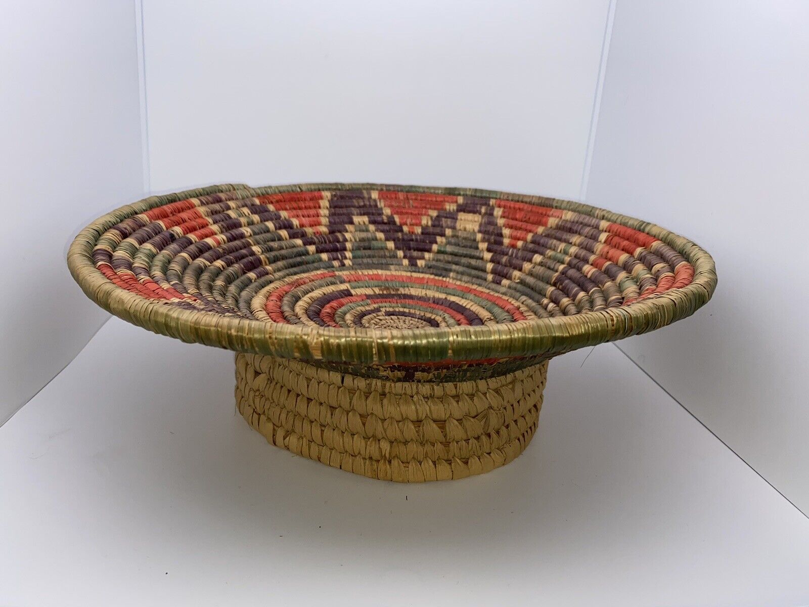 Vtg Native Hand Woven Coil Basket Footed Bright Colors 13” dia 4 1/2” tall