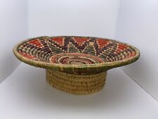 Vtg Native Hand Woven Coil Basket Footed Bright Colors 13” dia 4 1/2” tall picture
